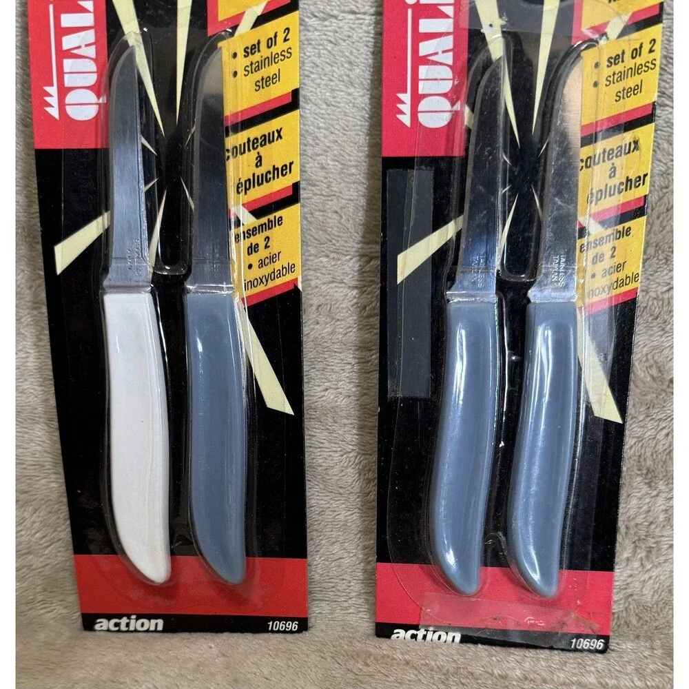 Vintage 1991 Set Of 4 Qualicut Action Paring Knives Country Blue White